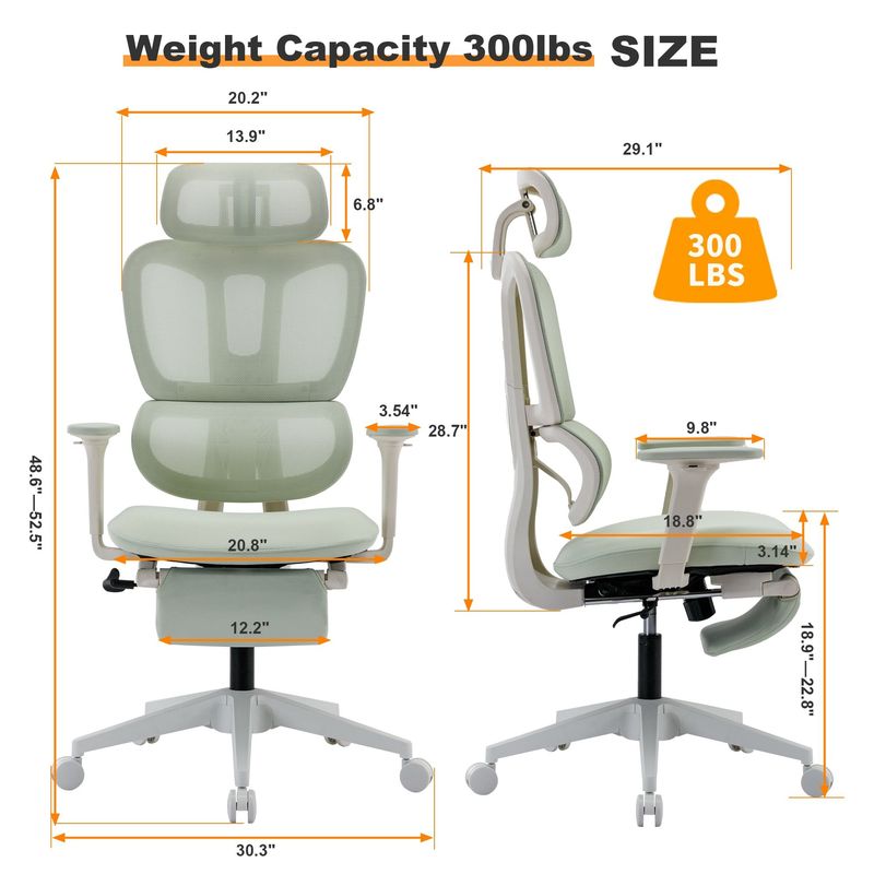 Multi-functional Ergonomic Mesh Office Chair With Adjustable Armrest,Footrest,Lumbar Support, 360° Silent Wheels,Headrest For Home & Office,Grey White_voghion.com