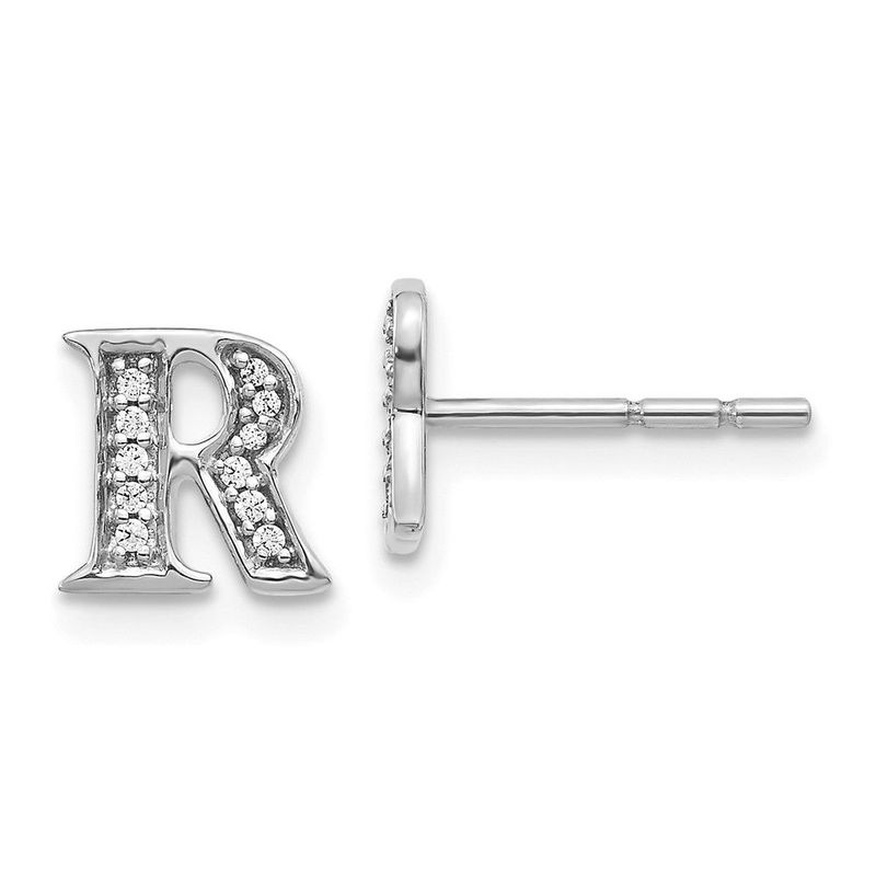 14k White Gold Diamond Initial R Earrings_voghion.com