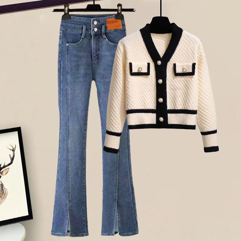 Women's Stylish Denim Set Knit Cardigan With Contrast Color Block Flared Bootcut Pants Slim Fit V-Neck Top HighSlit Bell Bottoms OfficeCasual Outfit_voghion.com