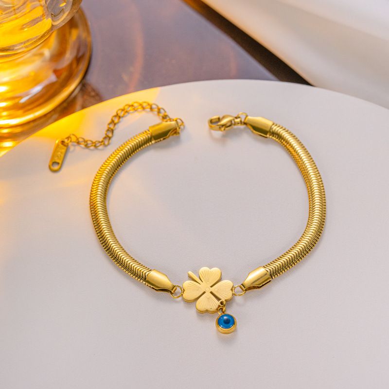 Cadena de hueso de serpiente de acero de titanio, pulsera de ojo azul con corazón, accesorio dorado que no se decolora para mujer_voghion.com