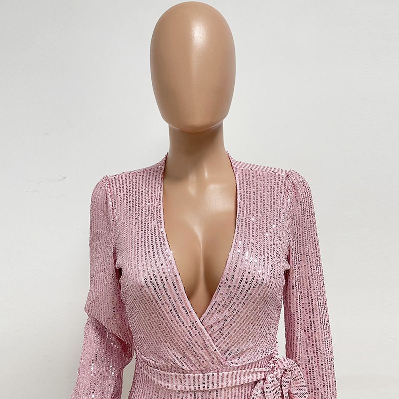 Damkläder Ins Style Deep V Mode Casual Jumpsuit Långärmat Bälte Paljett Jumpsuit Dam_voghion.com