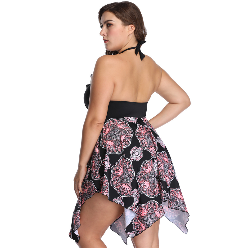 Women's Clothing Plus Size Plus Skirt Style Conservative Belly Covering Gathered Split Swimsuit_voghion.com