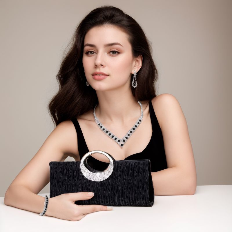 Women's Jewelry Set - Elegant Rhinestone Necklace, Earrings, Bracelet & Evening Clutch For Formal Occasions, Geometric Four Piece Party Necklace Set_voghion.com