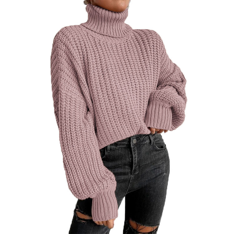Women's fashion drop shoulder long sleeve knit loose turtleneck sweater_voghion.com