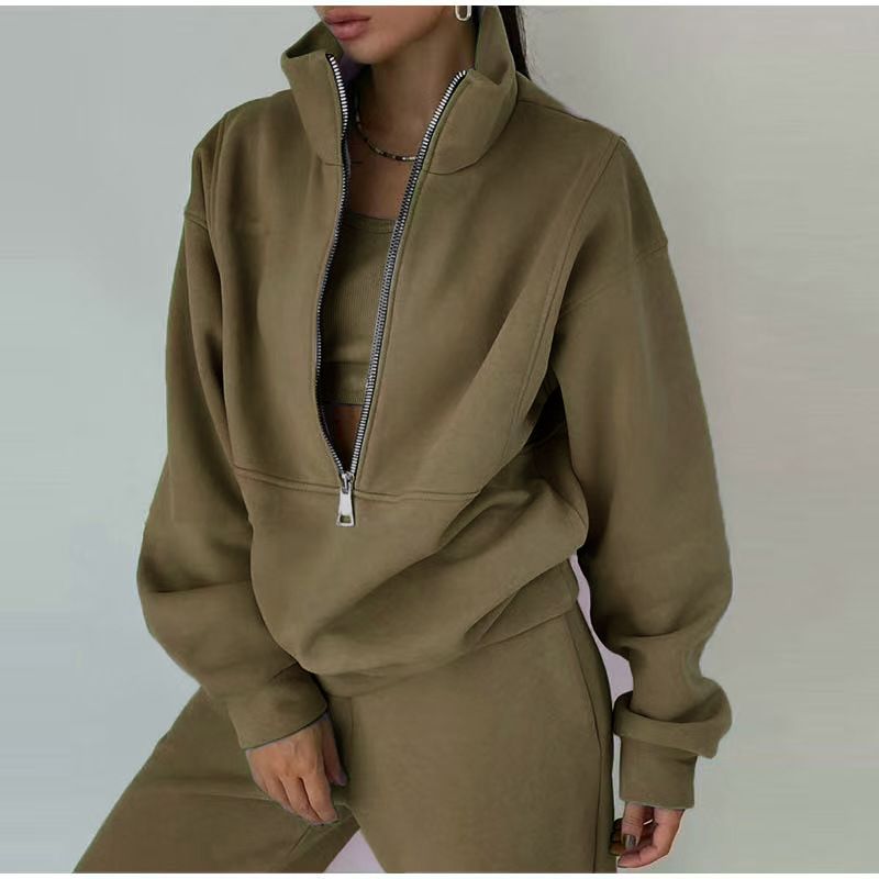 Treten Sie ein in Mode, Freizeit, Sport, Zuhause, lockerer, bequemer Reißverschluss, Fleece, gestrickter Hoodie und Hose, zweiteiliger Damenpullover_voghion.com