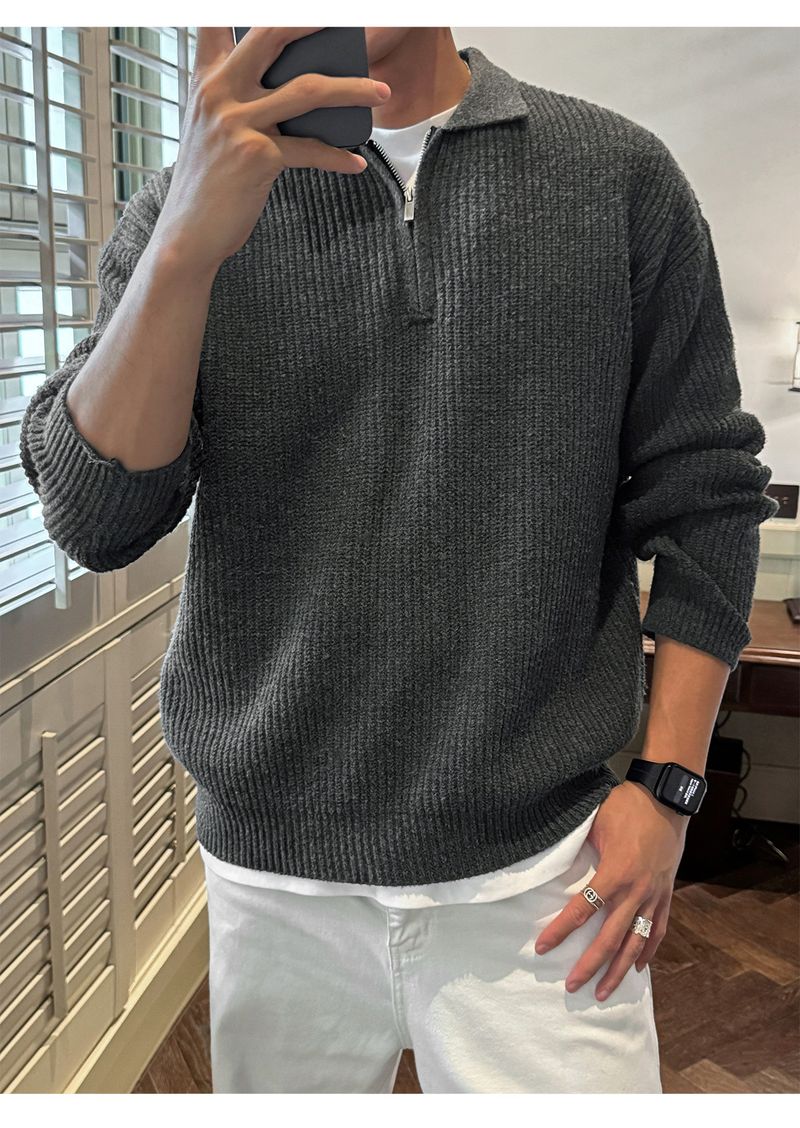 Men's Half-Zip Mock Neck Sweater - Heavyweight Fleece-Like Knit Pullover With Vertical Stripes, Warm Winter Casual Coat_voghion.com