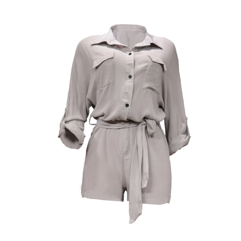 Women's fashion solid color casual shirt cotton hemp jumpsuit_voghion.com