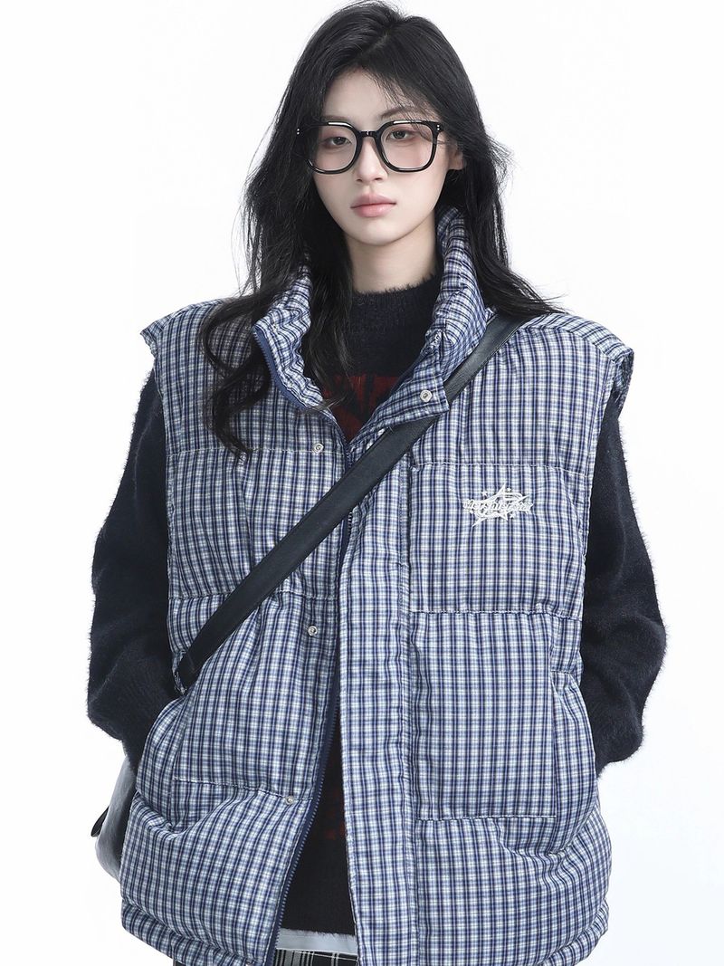 Men's & Women's Quilted Puffer Vest With Embroidery - Retro Plaid Design, Stand Collar, Lightweight Warmth For Casual Outfits_voghion.com