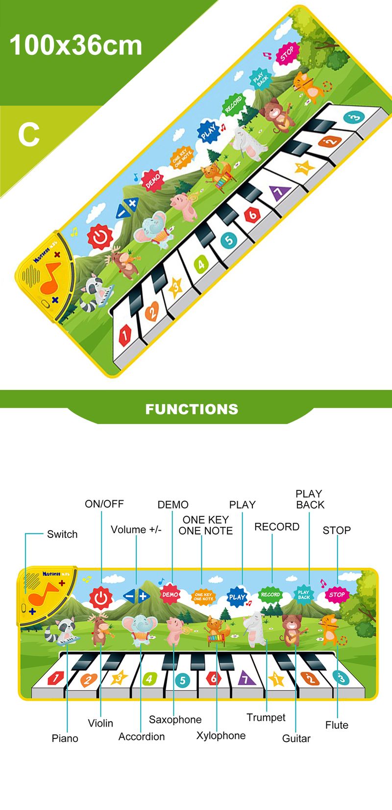 110x36cm Children's Music Piano Mat Fun Parent-child Dance Early Education Enlightenment Multifunctional Crawling Game M_voghion.com