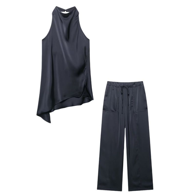 Completo due pezzi da donna in raso con scollo all'americana - Tuta streetwear alla moda con design asimmetrico - Comodo outfit estivo (bianco/nero/blu ardesia)_voghion.com