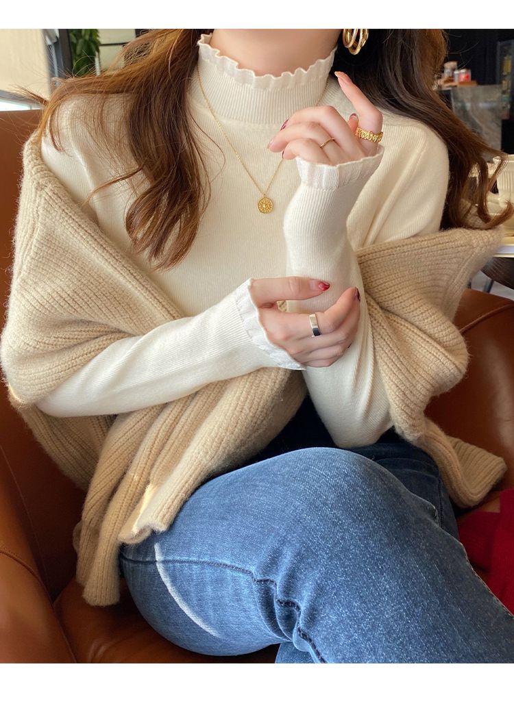 Lace Trim Half Turtleneck Base Shirt For Women 2023 Autumn Winter New Fashionable Solid Color Slim Fit Knitted Top_voghion.com