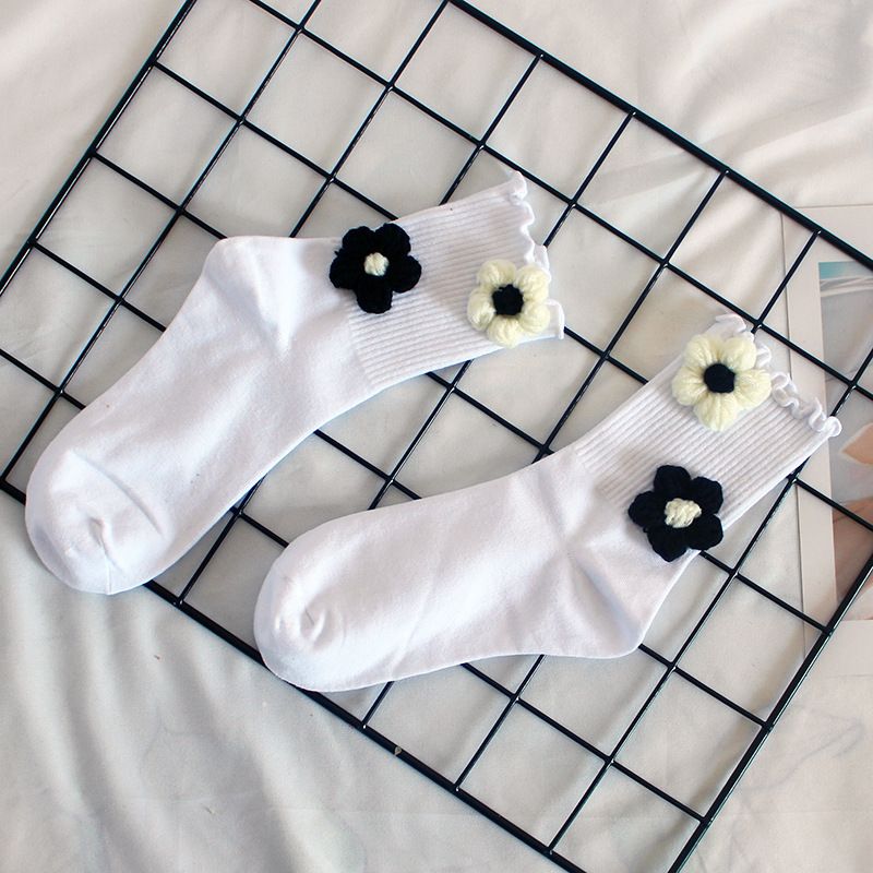 Calzini fatti a mano con fiori per donna, calzini con fiori in lana arricciata, calzini caldi a metà tubo per autunno e inverno, calzini sportivi per studenti_voghion.com
