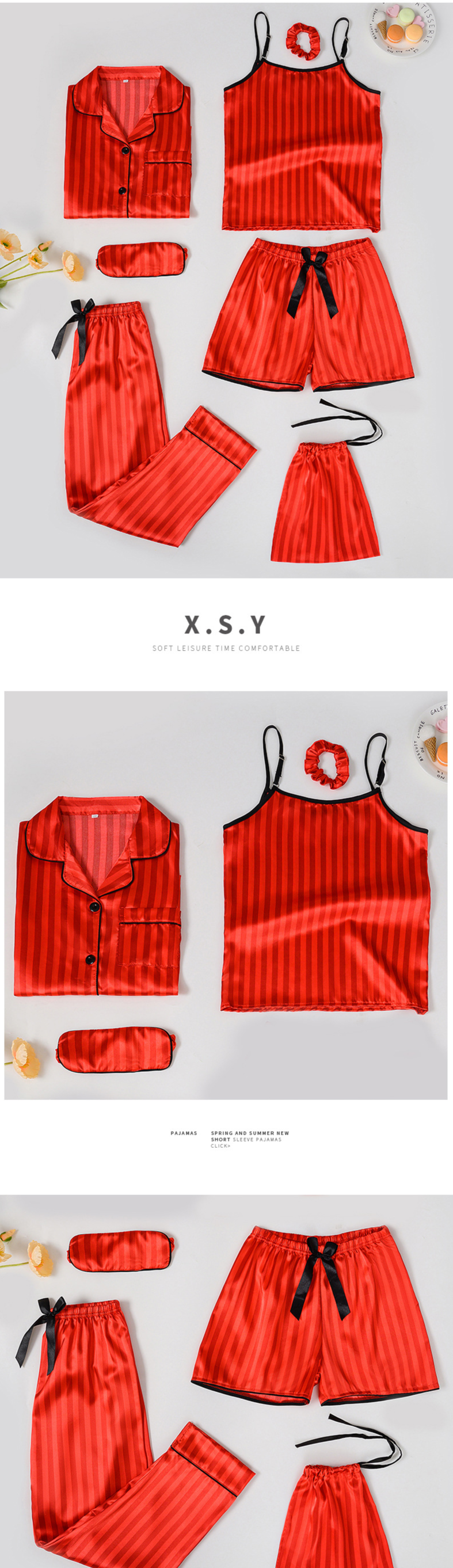 Mother & Kids Children's Silk Striped Pajamas Seven Piece Home Clothes Set_voghion.com