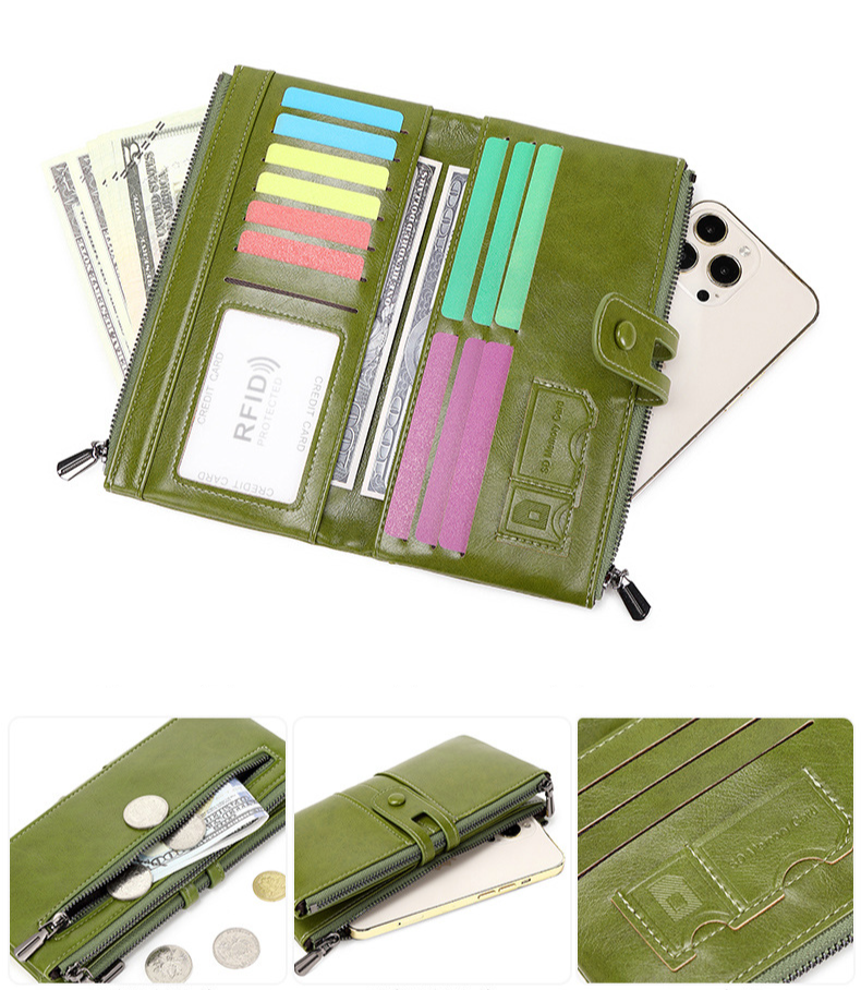 Damen-Geldbörse & Herren-Geldbörse RFID-Antimagnetische Geldbörse Vintage Wachsleder Clutch Multifunktionale Damen Lange Geldbörse_voghion.com