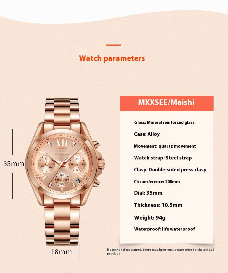 Elegante orologio cronografo in acciaio inossidabile color oro rosa per donna con datario e resistenza all'acqua fino a 30 m. Un regalo elegante e alla moda._voghion.com