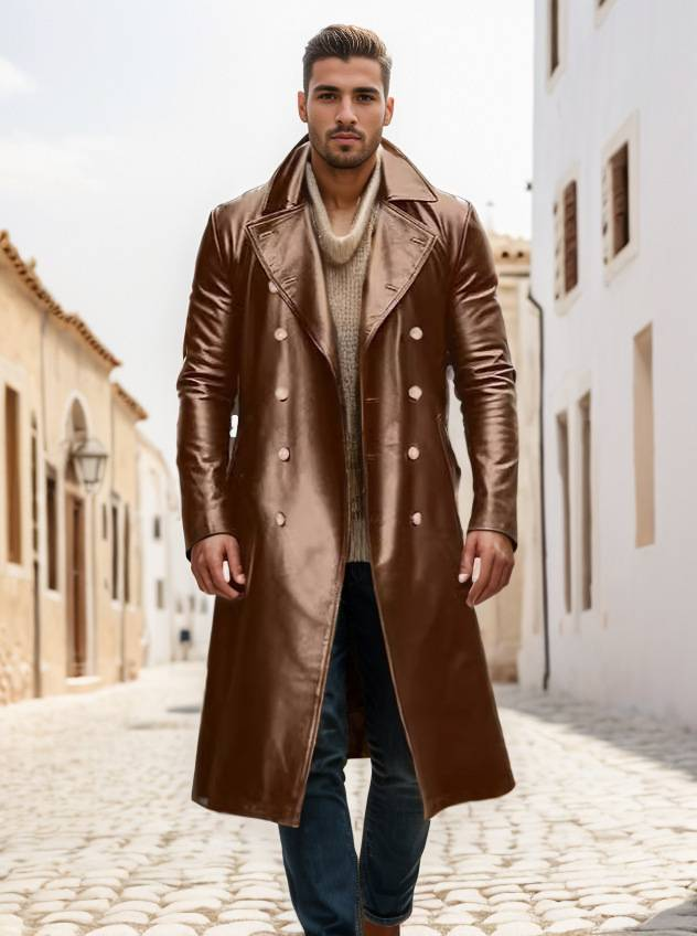 2025 Mode Oberbekleidung Kunstleder Trenchcoat Herren Revers Reine Farbe Zweireiher Langarm Lose PU Jacke M-5XL_voghion.com