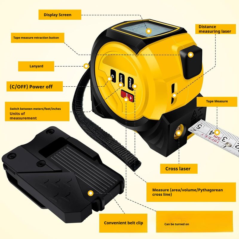 3-in-1 Laser Tape Measure – High-Precision Digital Measuring Tool With Cross-Line Laser & Auto-Calculation (Backlit LCD, IP54 Dustproof)_voghion.com