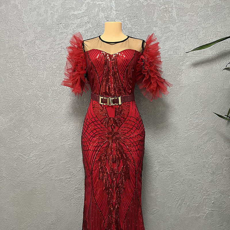 Paillettenkleid für Damen, schmal geschnittener Fischschwanz-Langrock, Bubble-Mesh-Ärmel, modische Abendgarderobe_voghion.com