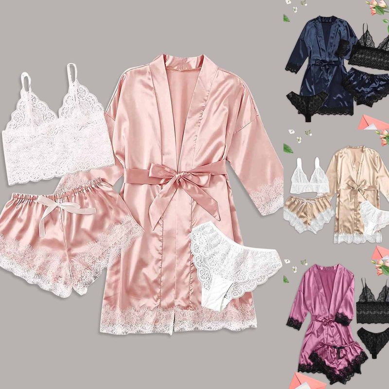 Women's Silk-Like Sleepwear Set – 4-Piece Loungewear Robe & Camisole (S-XXL) – Elegant Home & Outdoor Wear_voghion.com