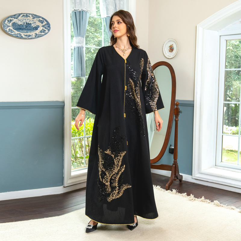 Langärmliges, mit Pailletten besticktes, lockeres Damenkleid für muslimische Frauen_voghion.com