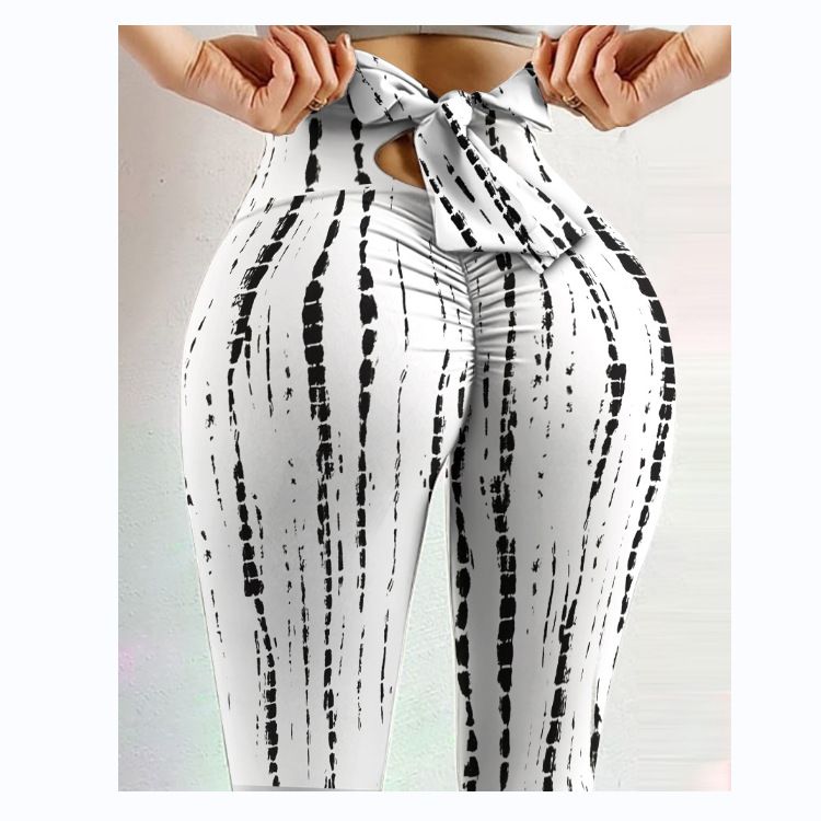 Pantaloni da yoga da yoga da donna con stampa multicolore antirughe sull'anca, dimagranti a vita alta, con fiocco elasticizzato_voghion.com