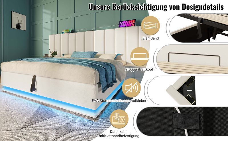 Lit double 160 x 200 cm avec rangement intégré, éclairage LED et recharge USB-C via application, sommier à lattes et matelas inclus, similicuir, blanc_voghion.com