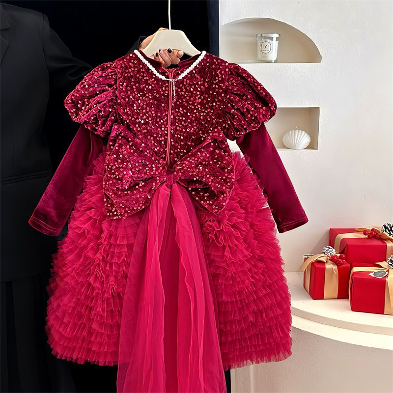 Abbigliamento per bambini Capodanno Natale Autunno e inverno Ragazze Gonna rossa con paillettes Abito di alta qualità Fiocco Fiore Ragazza Temperamento Tutu Gonna a ruota_voghion.com