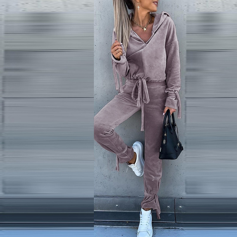 Set da donna in due pezzi, felpa con cappuccio, tinta unita, casual, autunno, a maniche lunghe_voghion.com