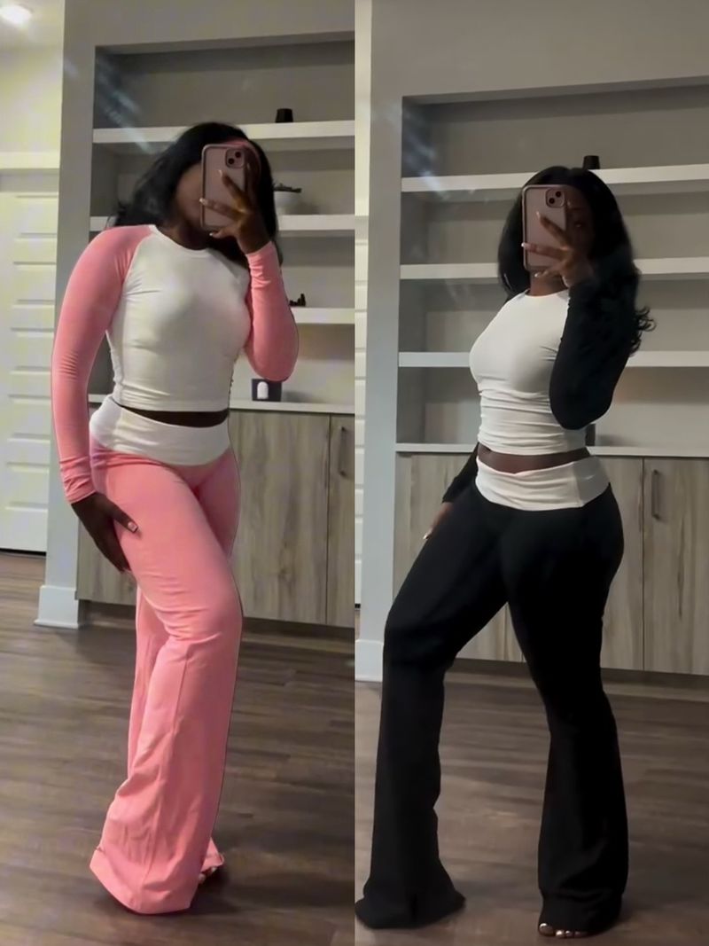 Y6058 New Women's Clothing Color-Block Tight High-Waist Folded Slim Fit Fleece-Lined Sports Yoga Pants Set_voghion.com