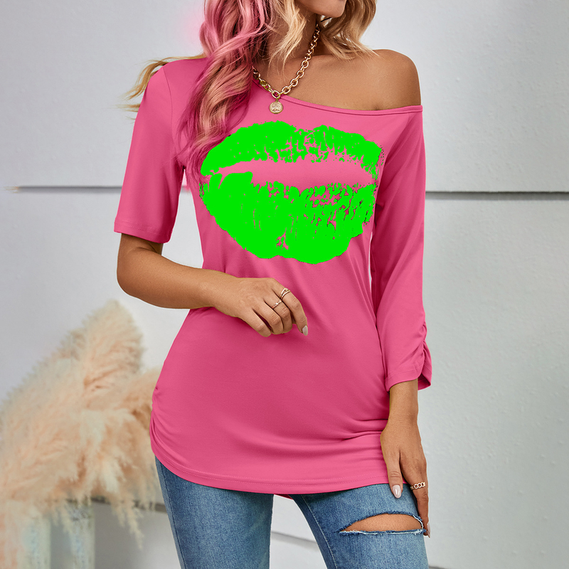 Damen Love bedrucktes Kurzarm-T-Shirt, schulterfreies, unregelmäßiges Ärmel, langes, modisches, schmales Oberteil_voghion.com