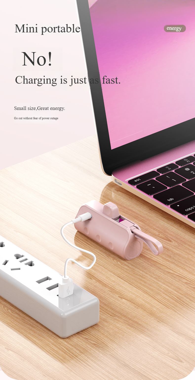 Ultrakompaktowy bezprzewodowy powerbank kapsułkowy – 5000 mAh ze wbudowanym kablem, szybkie ładowanie 15 W (kieszonkowy i gotowy do użycia w nagłych wypadkach)_voghion.com
