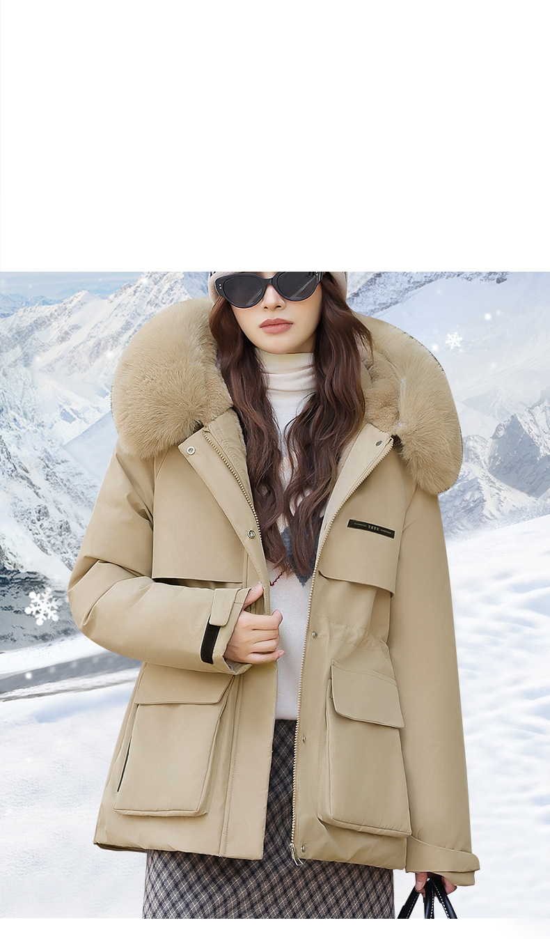 Women's Parka Coat With Detachable Rabbit Fur Hood, Waist-Belted Winter Jacket, Thickened Polyester Shell & Down Cotton Filling For Casual & Office_voghion.com