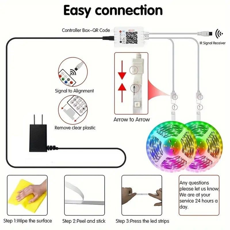 Bande lumineuse LED intelligente 24 V avec Bluetooth et télécommande infrarouge, contrôle par application, synchronisation musicale, 3535 RGB pour éclairage intérieur._voghion.com