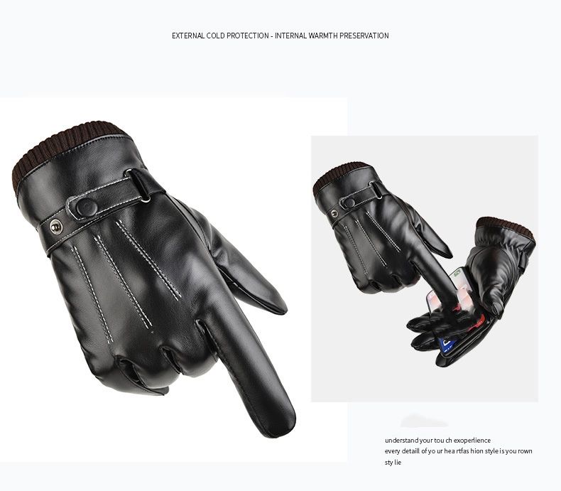 Autumn And Winter Warm PU Leather Gloves, Men's Outdoor Cycling Touch Screen Gloves, Fleece Water-resistant Cycling Cold-proof Gloves_voghion.com