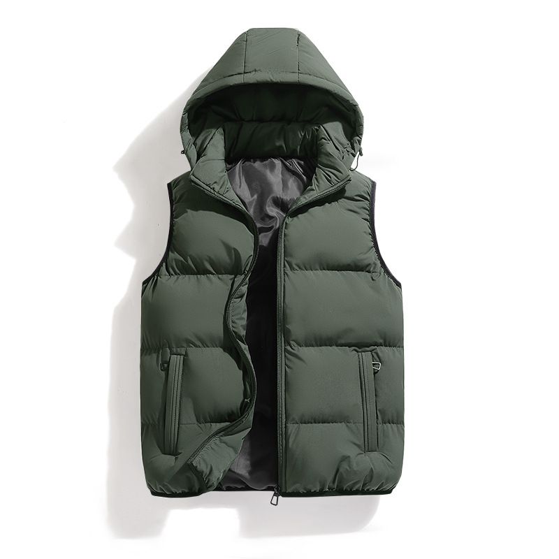 Gilet con cappuccio foderato in pile da uomo, gilet imbottito con cerniera caldo invernale, capo casual e da esterno aderente (nero/grigio/rosso/verde/kaki/blu navy)_voghion.com