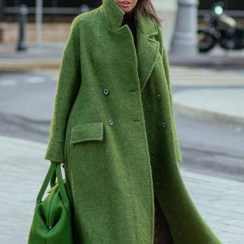 Elegant Long Wool Coat For Women - Oversized Lapel Trench Coat In Solid Green/Black/Camel - Plus Size Winter Coat For Office & Casual Wear_voghion.com