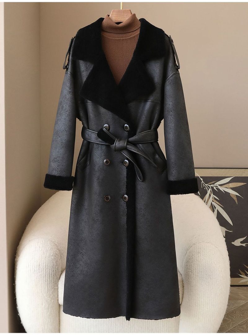 Women's Long Wool Blend Trench Coat With Contrast Color Detailing - Elegant Belted Office Wear For Spring & Autumn_voghion.com
