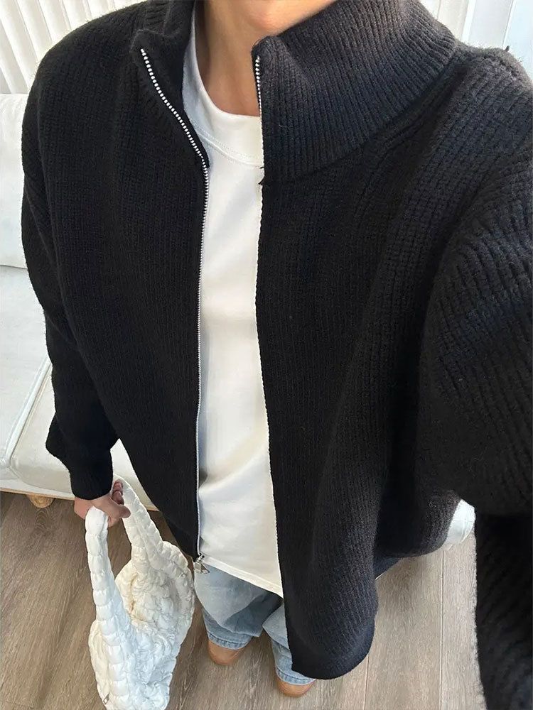New Zipper Cardigan Stand Collar Sweater Men's Autumn Loose Lazy Knitted American Style Jacket_voghion.com