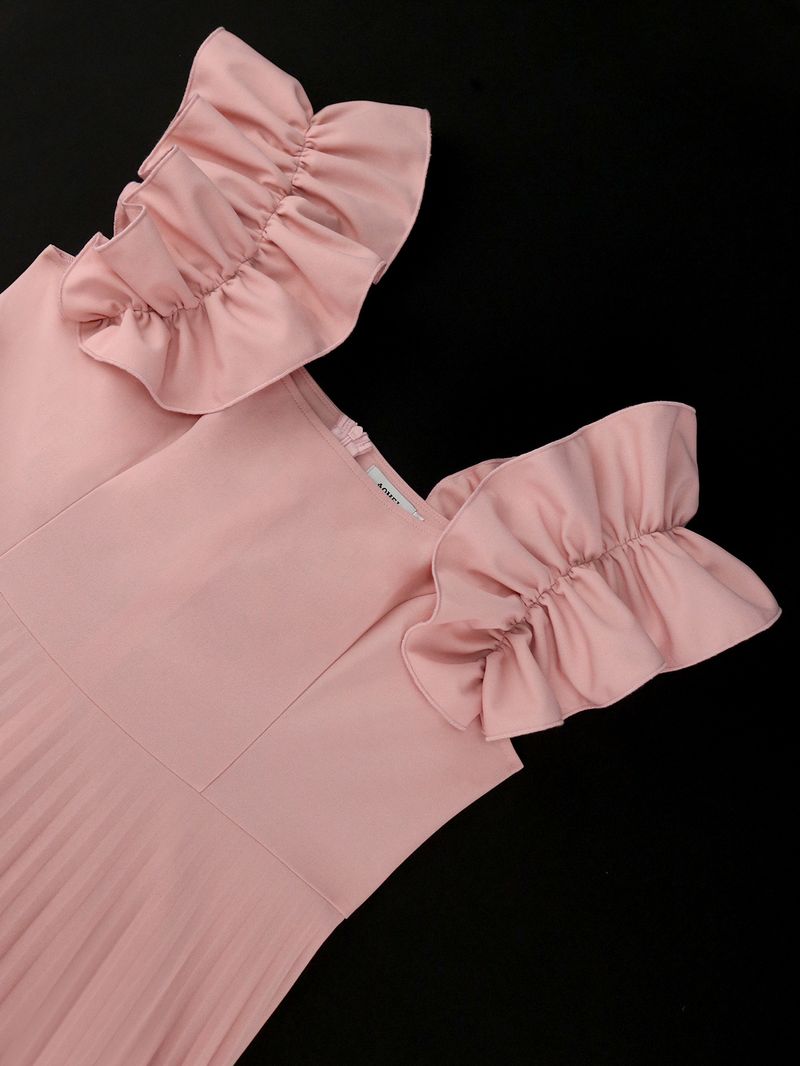 Women's Clothing Elegant Square Neck Sleeveless Pleated Midi Dress - Flattering High Waist Design In Soft Pink, Perfect For Casual & Office Wear_voghion.com