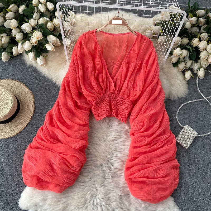 Women's niche, pleated puff sleeves, slim, short, fashionable, blogger, versatile chiffon shirt_voghion.com