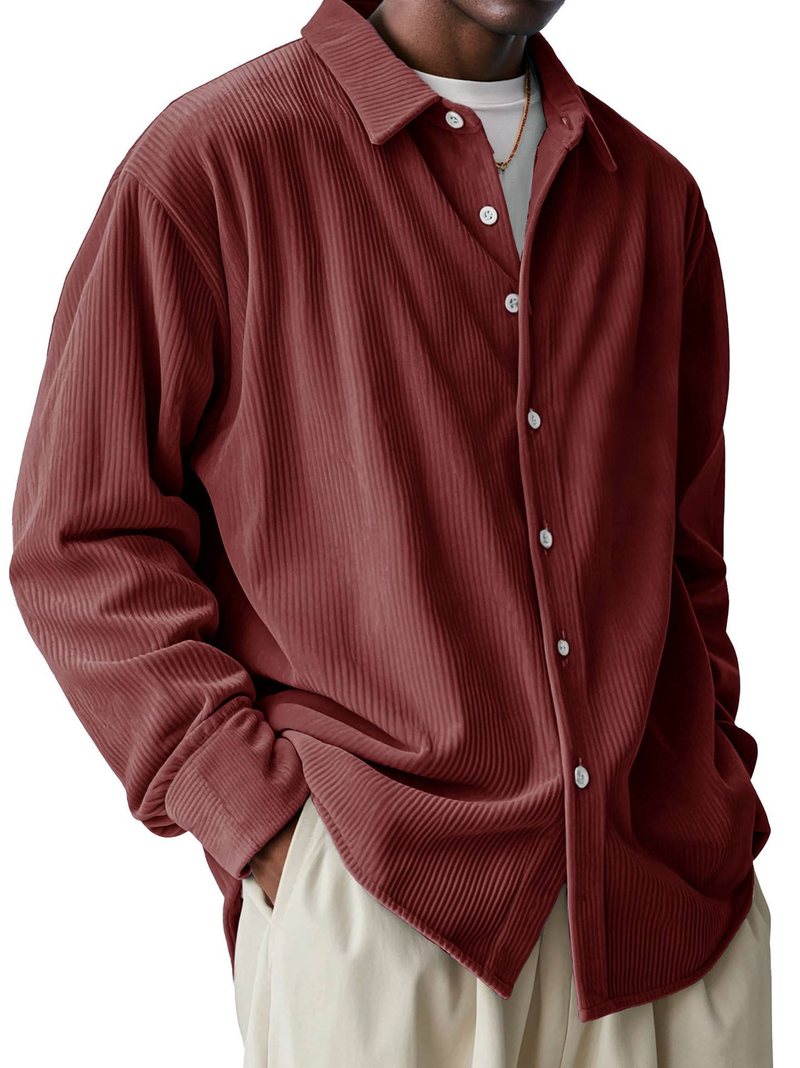 2025 European-USA Fashion Style Herren Revers Pure Coloe Einreihige Langarm Cordhemden S-4XL_voghion.com