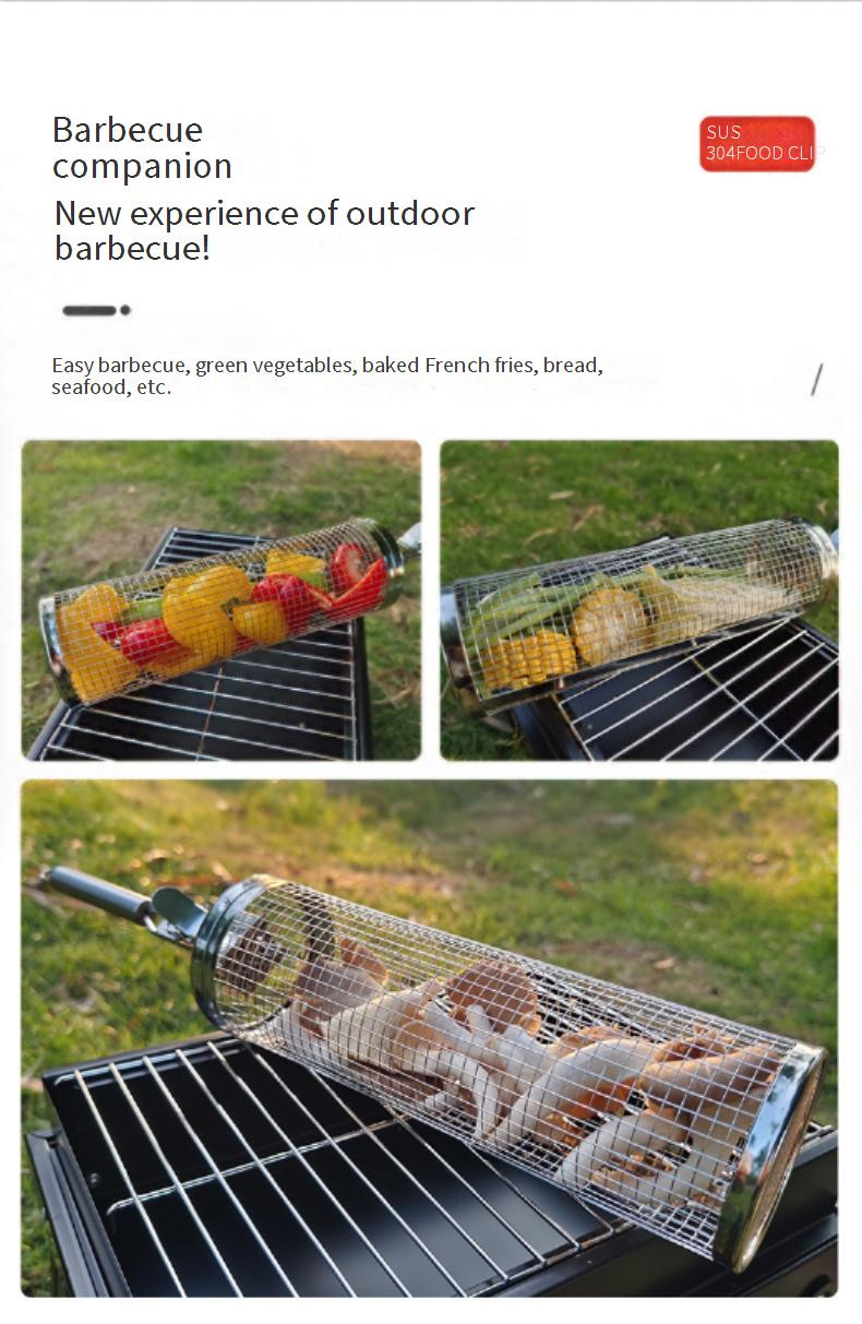 BBQ Stainless Steel Rolling Grill Cylinder Grill Net Smoked Barbecue Round Grill Grill Basket_voghion.com