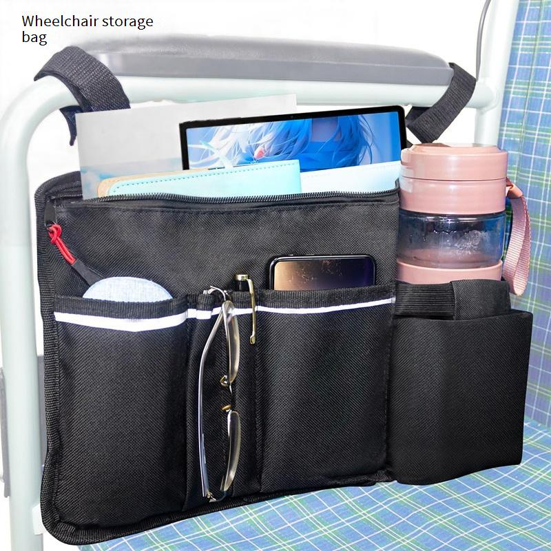 Opbergtas voor de armsteun aan de zijkant van een rolstoel met reflecterende strip, Oxford stoffen opbergtas met meerdere vakken, Multifunctionele opbergtas_voghion.com