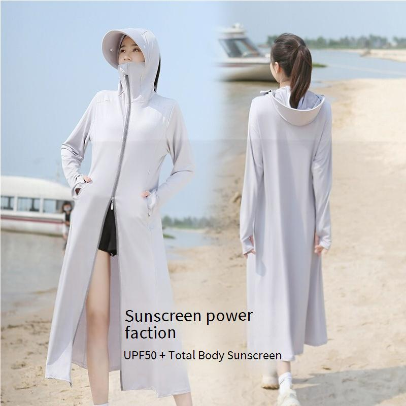 Jaqueta feminina de manga comprida com proteção solar - FPS 50+, comprimento de 120 cm, com tecido de seda gelada (92% viscose + 8% elastano), leve e respirável_voghion.com