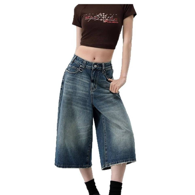Women's Clothing Summer High Street Loose Silhouette Washed Distressed Seven Point Denim Shorts Design Wide Leg Mid Length Pants_voghion.com