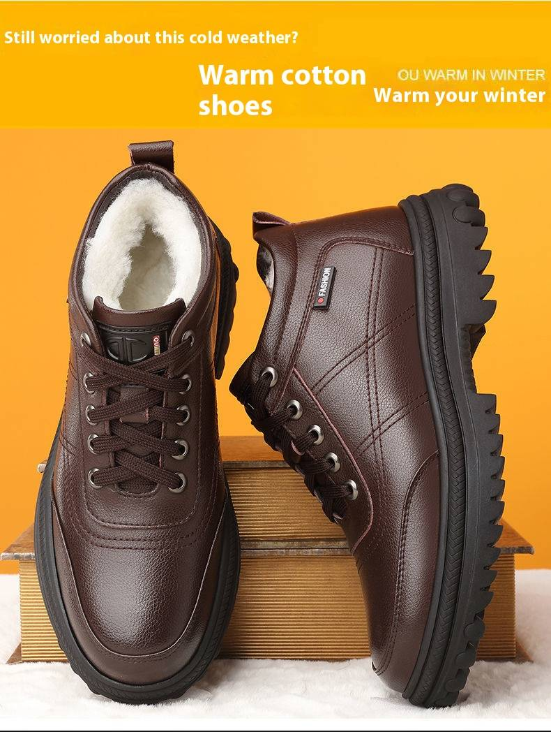 Zapatos de papá de mediana edad y ancianos, además de zapatos de cuero de algodón cálidos de terciopelo, zapatos casuales de cuero de negocios de caña alta, zapatos de algodón para hombres_voghion.com