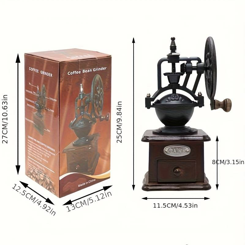 Vintage Hand Coffee Grinder - Wood, Cast Iron & Rubber Material, 27cm Height, 13cm Width, Artificially Colored, Not Washable_voghion.com