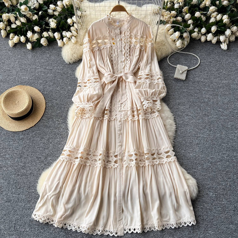 Opulent Baroque Lace Dress – High Neck Bell Sleeve Gown With Corset Waist & Dramatic A-Line Skirt (M/L, French Vintage Inspired, Formal Evening Wear)_voghion.com
