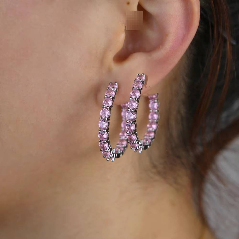 Women's Jewelry 30mm Pink Zircon Hoop Earrings In Silver & Rose Gold, Geometric Design For Trendy & Hip-Hop Style Rose Gold Silver Earrings Jewelry_voghion.com