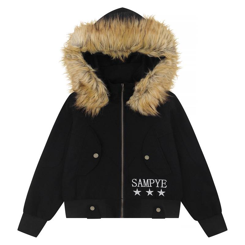 Kurtka typu streetwear unisex – odpinany kaptur z futra, krótka parka z zapięciem na zamek i kieszeniami bocznymi (czarna) – oversize’owy styl Cleanfit S-L_voghion.com